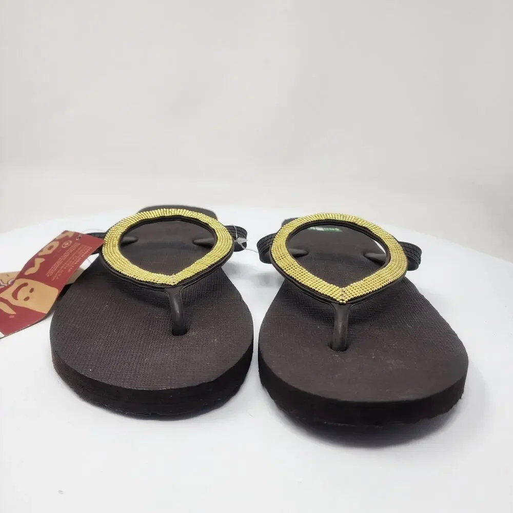Sanuk Ibiza St. Tropez Flip-Flop Sandals Women 8 Brown Gold Bead Circle 034630